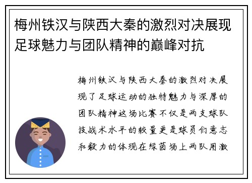 梅州铁汉与陕西大秦的激烈对决展现足球魅力与团队精神的巅峰对抗